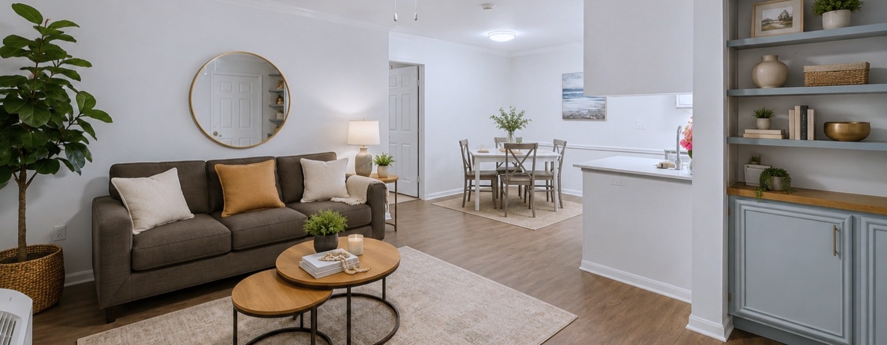 a living room with a couch and a table